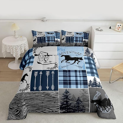 Erosebridal Kids Horse Comforter Set, Southwest Horseshoe Bedding Set Vintage Western Riding Boots Quilt Arrow Forest Plaid Patchwork Bedding Comforter Set Rustic Farmhouse Lodge Bedroom Decor, King