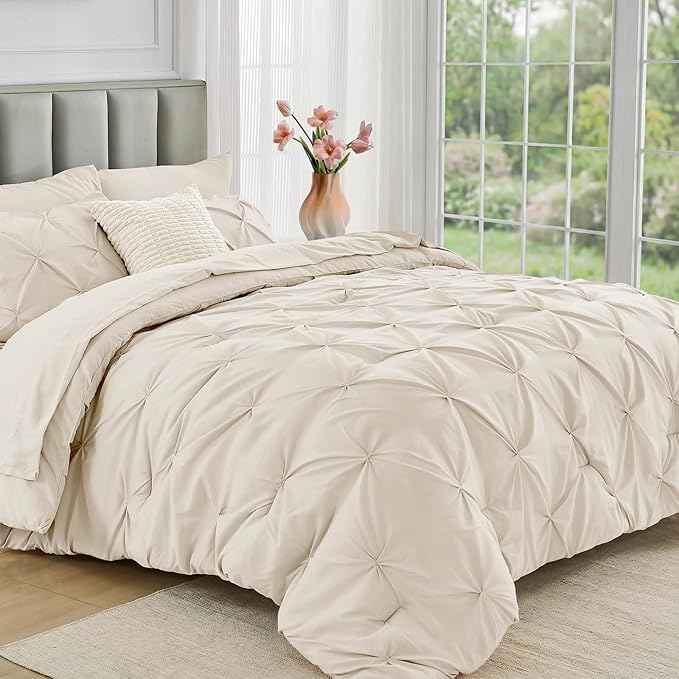 JOLLYVOGUE Twin XL Comforter Set 5 Pieces - Bed in a Bag Twin XL for All Season, Pintuck Bedding Comforter Sets with Comforter, Flat Sheet, Fitted Sheet and Pillowcases & Shams, Beige