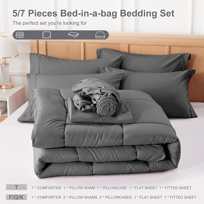 Newspin Twin Comforter Set Dark Grey - Bed in a Bag Twin Size 5 Pieces, All Season Bed Set, Fluffy Comforter Set with Sheets, Sheet Set Quilt Blanket, Pillowcases & Shams