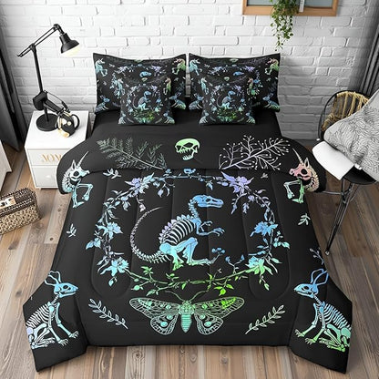Castle Fairy Dinosaur Bed Sets in a Bag 7 Pieces,Wild Animals Skeleton Butterfly Comforter Set Twin,Bohemian Flowers Leaves Bedding Set with 1 Comforter,2 Sheets,2 Pillowcases & 2 Throw Pillow Covers