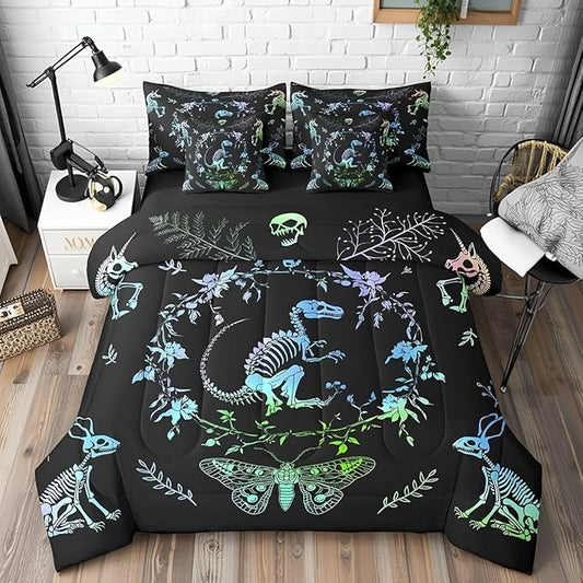 Castle Fairy Dinosaur Bed Sets in a Bag 7 Pieces,Wild Animals Skeleton Butterfly Comforter Set Twin,Bohemian Flowers Leaves Bedding Set with 1 Comforter,2 Sheets,2 Pillowcases & 2 Throw Pillow Covers
