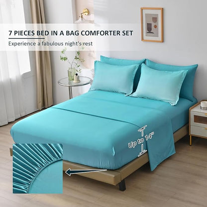Anibedding 7 Pieces Teal King Comforter Set Lightweight Gradient Teal Green Bed in a Bag Set, All Season Ombre Complete Bedding Set with Flat/Fitted Sheet, 2 Pillowcases and 2 Pillow Shams