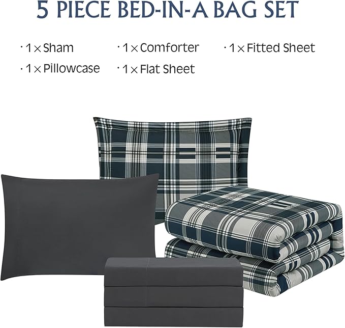 MaiRêve Navy Blue Twin XL Comforter Set, Twin XL Bedding Sets for Boys Girls 5 Pieces for Dorm Farmhouse All Season Lightweight &Comfy with Fitted Sheet, Flat Sheet (Navy Blue, Twin XL, 66"x90")