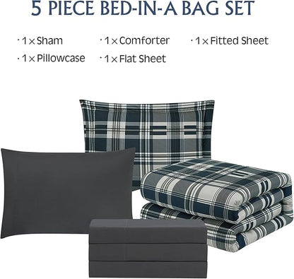 MaiRêve Navy Blue Twin XL Comforter Set, Twin XL Bedding Sets for Boys Girls 5 Pieces for Dorm Farmhouse All Season Lightweight &Comfy with Fitted Sheet, Flat Sheet (Navy Blue, Twin XL, 66"x90")