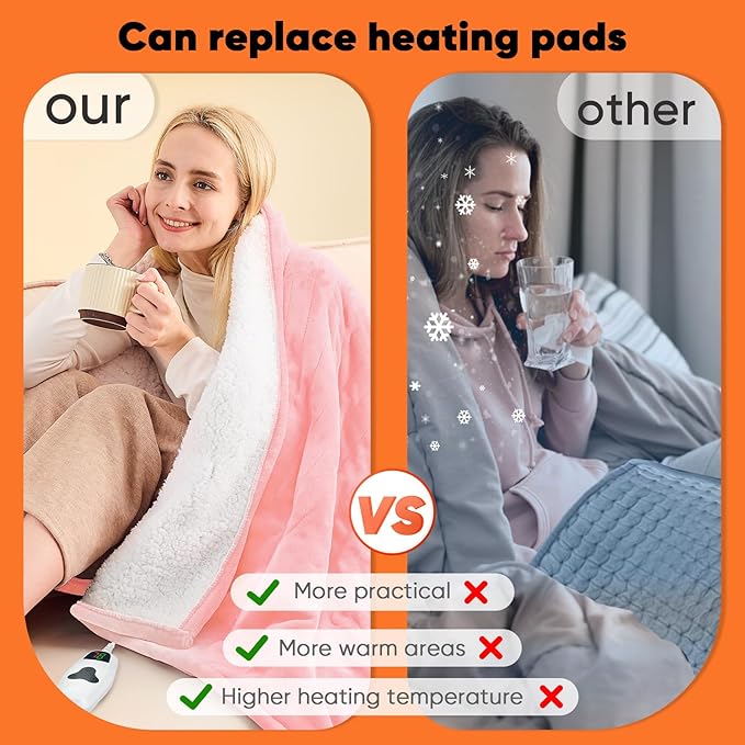 greenoak Heated Blanket Electric Twin 62"X84", Heating Blanket with 10 Heat Levels 1/2/4/6/8 Hours Auto-Off, Soft Flannel Sherpa Warm Heater Christmas Blanket, Light Pink
