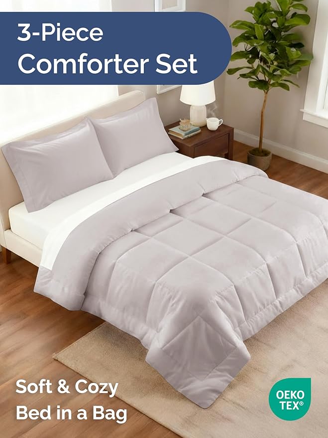 King Comforter Set - 3 Piece Bed Set for All Seasons - 1 Soft Quilted Comforter with Corner Tabs & 2 Pillow Shams - Comfy & Breathable - Premium Down Duvet Insert - Oeko-TEX - King Size, Light Grey
