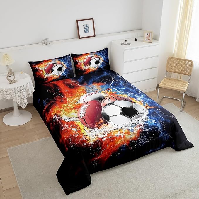 Feelyou Sports Comforter Set for Boys Comforter Set King Size Football Baseball Bedding Set for Kids Ultra Soft Ball Games Bedroom Decor with 3D Soccer, Basketball Design
