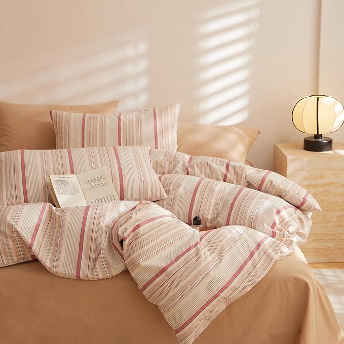 HighBuy Twin XL Size Comforter Set,Striped Bedding Set 3 Piece Brown Pink Stripes Pattern Printed Comforter Fluffy Lightweight Bedding Comforter Set for Teen Girls,1 Comforter,2 Pillowcases