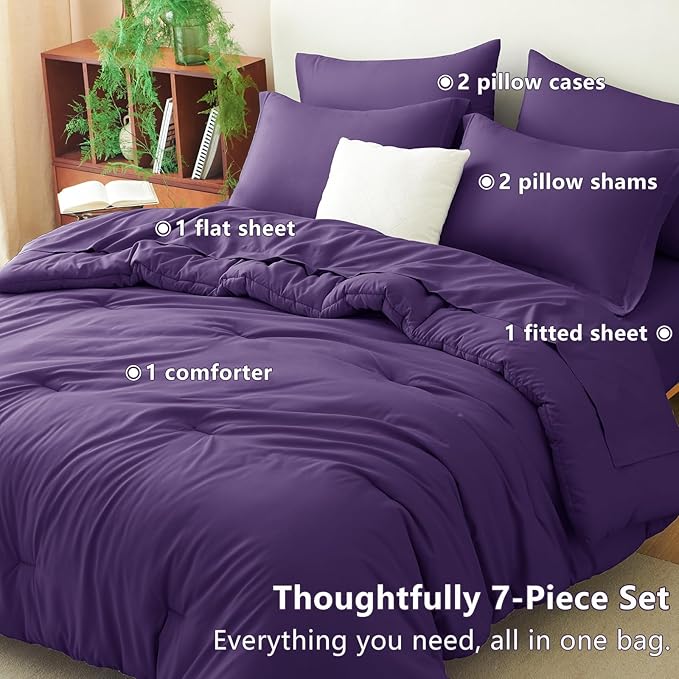 CozyLux Full Size Comforter Set Purple, 7 Pieces Bed in a Bag Full Comforter Set with Sheets, Soft Bedding Set with Down Alternative Comforter, Fitted Sheets, Flat Sheets, Pillow Shams and Pillowcases