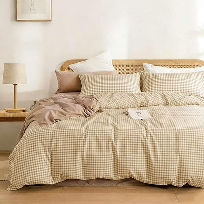 ETDIFFE Brown Comforter Set Queen Size, 3 Piece Tan Gingham Grid Bed Set - Soft and Lightweight Buffalo Checkered Plaid Microfiber Down Alternative Comforter (90x90)