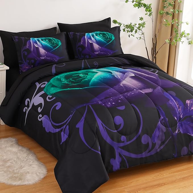 WONGS BEDDING Queen Comforter Set -7 Pieces, Reversible Teal & Purple Rose Bed in a Bag Queen, Lightweight Soft Microfiber Bedding Sets with Flat Sheet, Fitted Sheet, Pillowcases & Shams