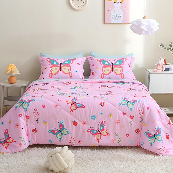 Girls Butterfly Comforter Set Queen Size 7 Piece Bed in A Bag Colorful Pink Flowers Leaves Bedding Set for Kids Teens Super Soft All Season