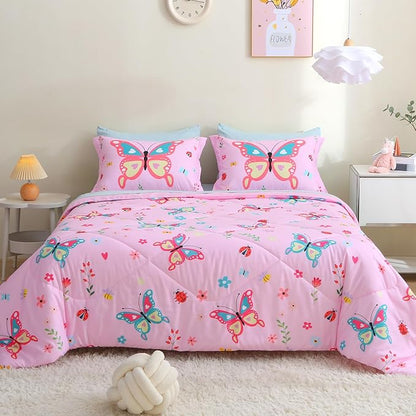 Pink Butterfly Comforter Set Twin Size for Girls Kids Teens 7 Piece Bed in A Bag Colorful Flower Leaves Bedding Set All Season Lightweight