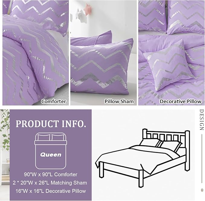 Menghomeus Purple/Silver Comforter Set Queen Size Lavender Metallic Print Glitter Bed Comforter Cute Shinny Bedding for Teen Girls Kids, 4 Piece (2 Pillowcases, 1 Decorative Pillow Sham)