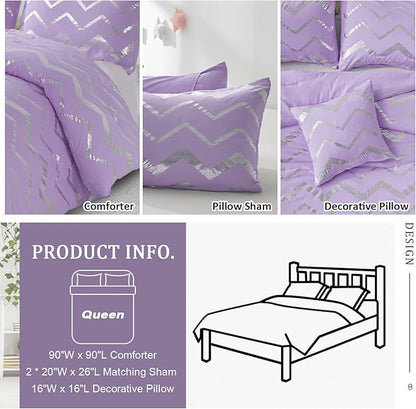 Menghomeus Purple/Silver Comforter Set Queen Size Lavender Metallic Print Glitter Bed Comforter Cute Shinny Bedding for Teen Girls Kids, 4 Piece (2 Pillowcases, 1 Decorative Pillow Sham)