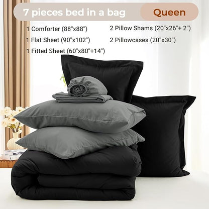 MUXHOMO 7 Pieces Queen Comforter Set, Soft Bed in a Bag Queen Size, All Season Bedding Set with Comforter, Flat Sheet, Fitted Sheet, Pillowcases & Shams, Black & Grey