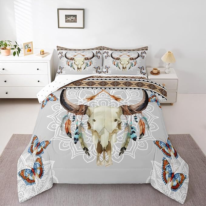 Western Bull Skull Comforter Set Queen Size,Tribal Arrow Feather Butterfly Bedding Set,Mandala Floral Print Quilt Set for Kids Girls Boys Room Decor,Vintage Boho Brown Grey Duvet Insert 3Pcs