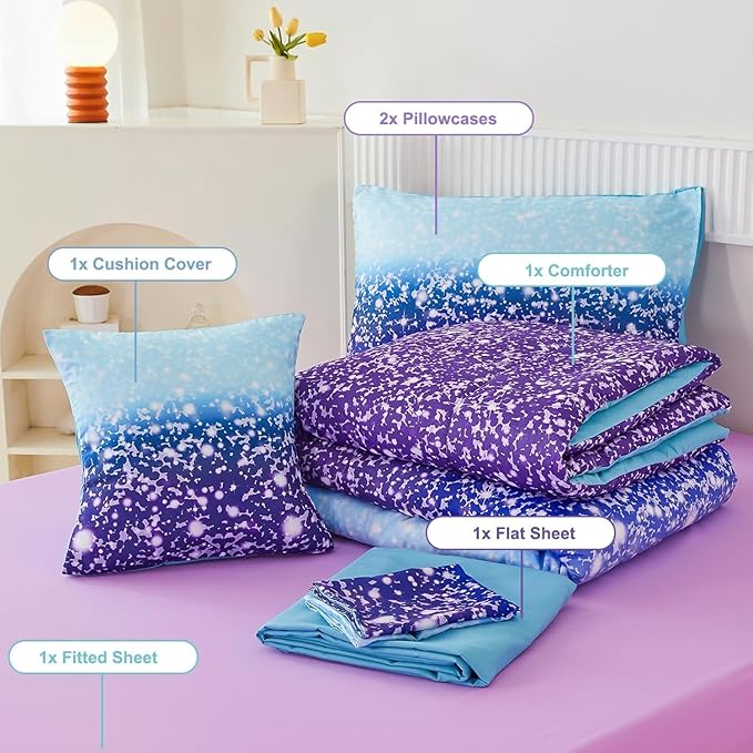 PERFEMET Purple Girls Twin Bedding Set - 6 Pieces Comforter Set with Sheets, Tie Dye Rainbow Bed-in-a-Bag, Sparkle Glitter Fluffy Kids Bedroom Bed Sets (Blue Purple, Twin)