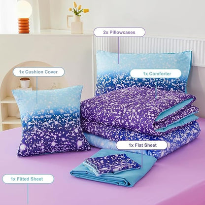 PERFEMET Purple Girls Twin Bedding Set - 6 Pieces Comforter Set with Sheets, Tie Dye Rainbow Bed-in-a-Bag, Sparkle Glitter Fluffy Kids Bedroom Bed Sets (Blue Purple, Twin)