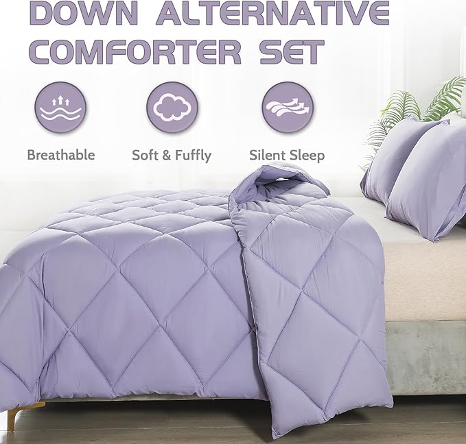 Decroom Lightweight King Comforter Set with 2 Pillow Sham - 3 Pieces Set - Quilted Down Alternative Comforter/Duvet Insert for All Season - Lavender - King Size