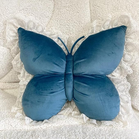 Butterfly Throw Pillow, Butterfly Shaped Decorative Pillow for Sofa Couch Bed, Plush Velvet Lumbar Support Cushion for Office Chair & Car Seat (Blue)