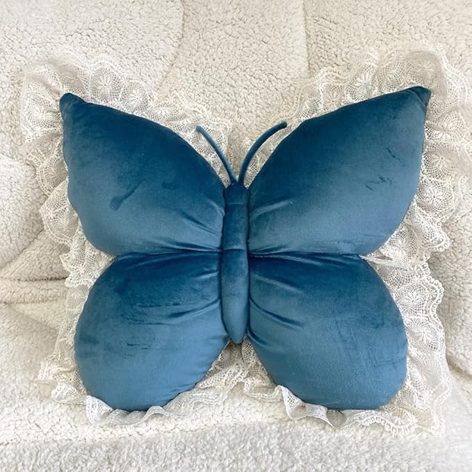 Butterfly Throw Pillow,21.6 inch Velvet Butterfly Decorative Pillow with Lace Trim,Animal Pillow for Couch Living Room Bed,Home Garden Decor (Blue)