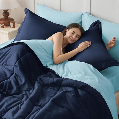JOLLYVOGUE Full Comforter Set, Ultra-Soft Bed in a Bag Full Size 7 Pieces, Oeko-TEX Certified Bedding Set with Down Alternative Comforter, Sheets, Pillowcases & Shams, Navy & Light Blue