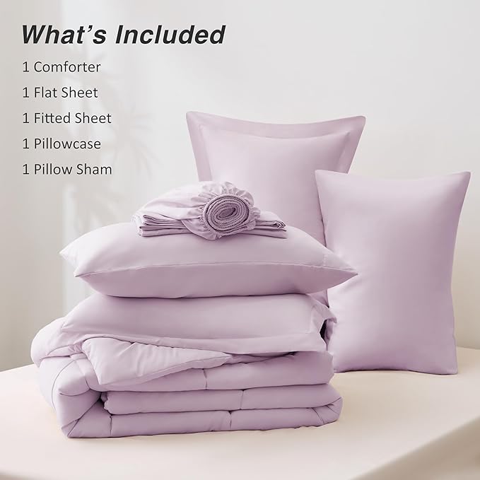 Love's cabin Twin Comforter Set Light Purple, 5 Pieces Twin Bed in a Bag, All Season Bedding Sets with 1 Comforter, 1 Flat Sheet, 1 Fitted Sheet, 1 Pillowcase and 1 Pillow Sham