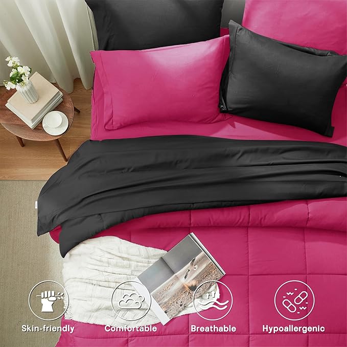 Anluoer Queen Comforter Set,Hot Pink&Black Bed in a Bag 7 Piece,Lightweight Bedding Set with Soft Down Alternative Fill,Bed Set Includes Comforter, Fitted Sheet, Flat Sheet,Pillowcases and Shams