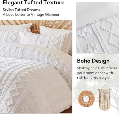 MR&HM Farmhouse Comforter Set King 7 Pieces, White Tufted Boho Beddding Sets, Bed in a Bag with 1 Comforter, 2 Pillow Shams, 2 Pillowcases, 1 Flat Sheet, 1 Fitted Sheet for All Seasons
