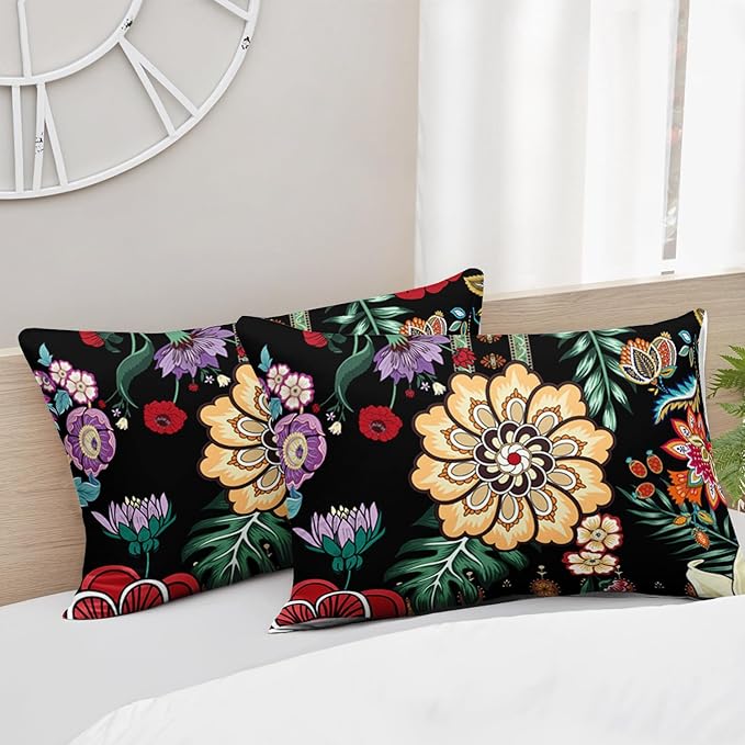3 Pieces Colorful Floral Comforter Set,Paisley Bedding Set King Size,Bohemian Farmhouse Flower Leaves Printed on Black Design,All Season Lightweight Soft Microfiber (1 Comforter with 2 Pillowcases)