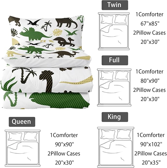 Cartoon Dinosaur Comforter Set Queen Size 3 PCS,Green Dinosaur Printed Quilt Set for Bedroom Soft Microfiber All Season Print Quilt Set with 1 Comforter and 2 Pillow Case