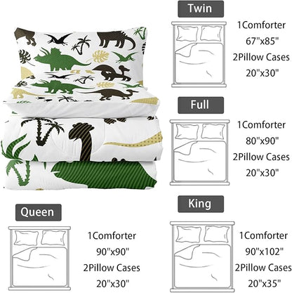 Cartoon Dinosaur Comforter Set Full Size 3 PCS,Green Dinosaur Printed Quilt Set for Bedroom Soft Microfiber All Season Print Quilt Set with 1 Comforter and 2 Pillow Case