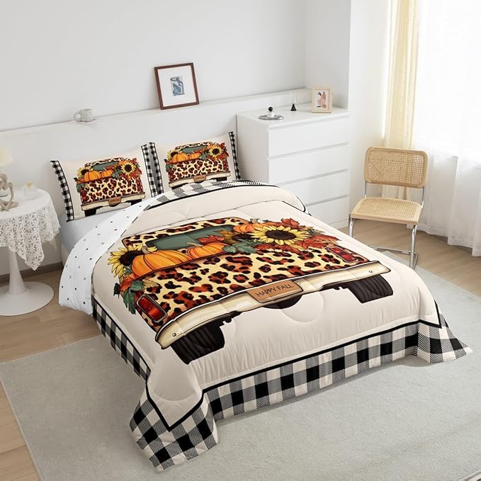 Plaid Pumpkin Comforter Set Fall Thanksgiving Harvest Bedding Set Gifts For Kids Teen Adults Twin,Brownleopard Truck Pumpkins Bedding Comforters,Butterfly Sunflower Maple Leaf Bedding Quilted 2 Pcs