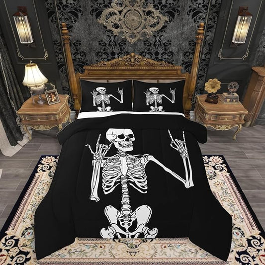 Erosebridal Gothic Skull Twin Comforter Set, Halloween Rock Roll Music Hippie Posing Skeleon Bedding Set, Black Comforter, Funny Skull Skeleton Victory Quilt with 1 Pillowcase
