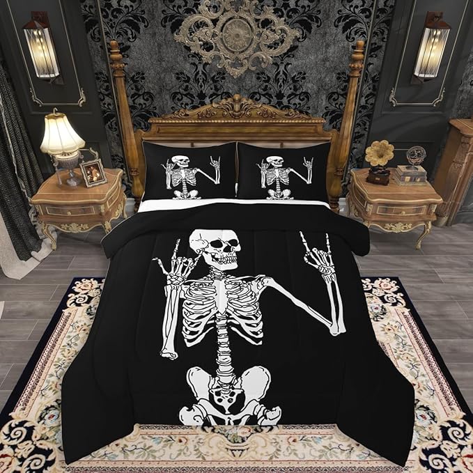 Erosebridal Gothic Skull Bedding Set Full, Halloween Rock Roll Music Hippie Posing Skeleon Comforter Set, Black Comforter, Funny Skull Skeleton Victory Quilt with 2 Pillowcases