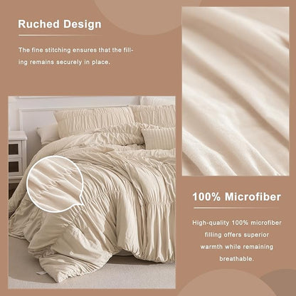Masaca King Size Comforter Set(106"x95"),Wheat Ruched Bedding Comforter,Farmhouse Shabby Boho Chic Bedding 3 Pieces Lightweight Ruffle Textured Cal King Bed Comforter for All Season