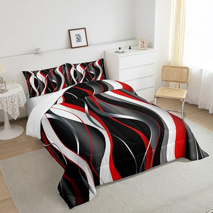 Feelyou Red Grey Black Comforter Set Geometric Spiral Pattern Duvet Set for Kids Boys Girl Modern Abstract Inner Fill Bedding Set Grey White Comforter 1 Comforter Set with 2 Pillowcases Queen Size