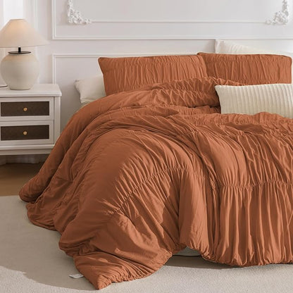 Masaca Pumpkin Oversized King Comforter 128x120,Ruched Ruffle Textured Bedding Comforter Set,3Pcs Ultra Soft Fluffy Shabby Boho Brown Orange Comforter Sets Extra Large