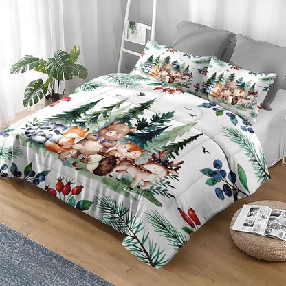 Comforter Set King Size, Woodland Animal Bird Soft 3 Pcs Bedding for Kids and Adults, Fox Cute Bear Comforter Set with Pillowcase, for Bedroom Bed Decor