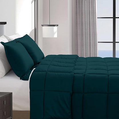 Elegant Comfort 3-Piece Box Stitched Down Alternative Comforter with Shams - Ultra Soft for All Season Duvet Insert with Corner Tabs, Plush Cozy 3PC Comforter Set, Twin XL, Marine Teal