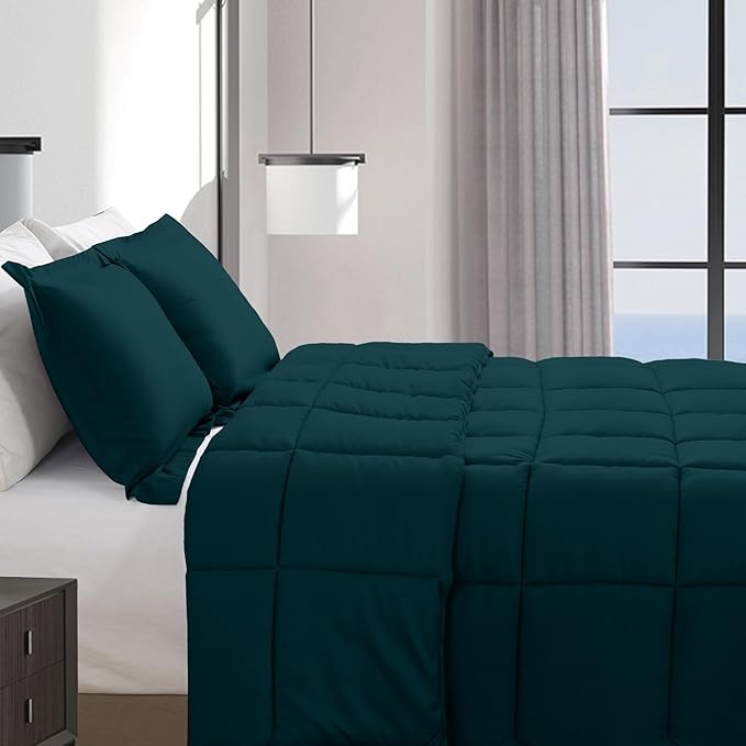 Elegant Comfort 3-Piece Box Stitched Down Alternative Comforter with Shams - Ultra Soft for All Season Duvet Insert with Corner Tabs, Plush Cozy 3PC Comforter Set, California King, Marine Teal