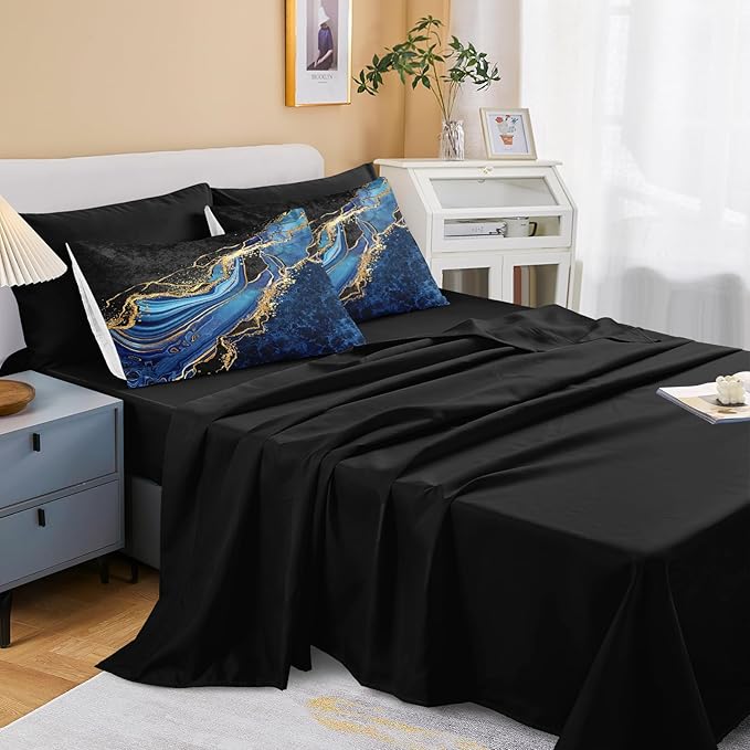 Blue and Gold Comforter Blue Marble Bedding Set 8 Pieces Full Bed in a Bag with 1 Black Gold Comforter, 1Flat Sheet, 1 Fitted Sheet, 4 Pillowcases, 1 Marble Cushion Cover