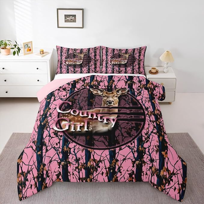 Erosebridal Hunting Deer King Bedding Set,Pink Camo Rustic Comforter Set for Girls Boys Kids,Cabin Lodge Farmhouse Comforter,Camouflage Hunter Bedroom Decor with 2 Pillowcases,Lightweight
