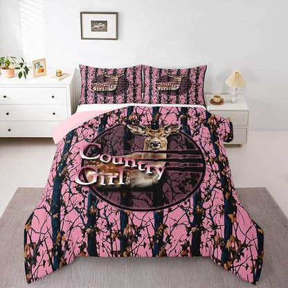 Erosebridal Hunting Deer King Bedding Set,Pink Camo Rustic Comforter Set for Girls Boys Kids,Cabin Lodge Farmhouse Comforter,Camouflage Hunter Bedroom Decor with 2 Pillowcases,Lightweight