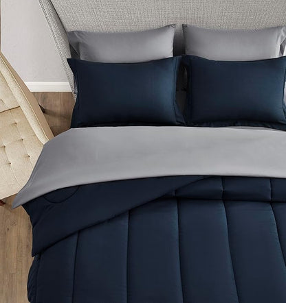 Maple&Stone Full Size Comforter Set 7 Pieces Bed in a Bag - Down Alternative Bed Set with Sheets, Pillowcases & Shams, Soft Reversible Duvet Insert, Navy