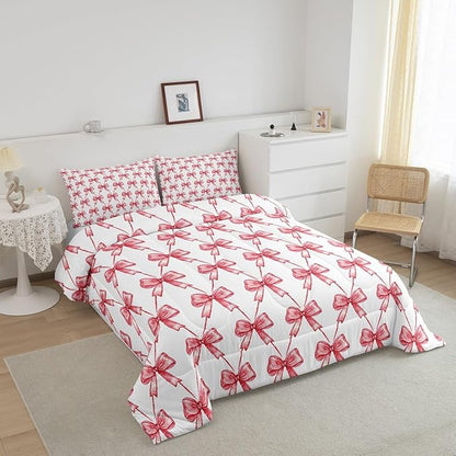 Feelyou Red Bow Comforter Set Toddler Size Cute Bowknot Bedding Set Boys Girls Bow and Stripes Comforter for Kids Women Men Kawaii Duvet Set 2Pcs