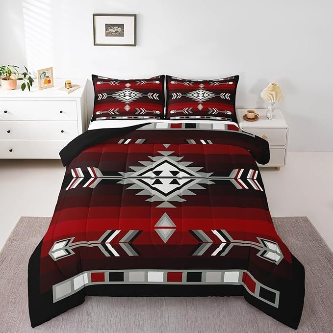 Erosebridal Rustic Western Bedding Sets King Southwestern Aztec Comforter Set for Men Boys,Farmhouse Bohemian Geometric Bedding Comforter Sets Exotic Ethnic American Native Quilt Duvet 3 Pcs