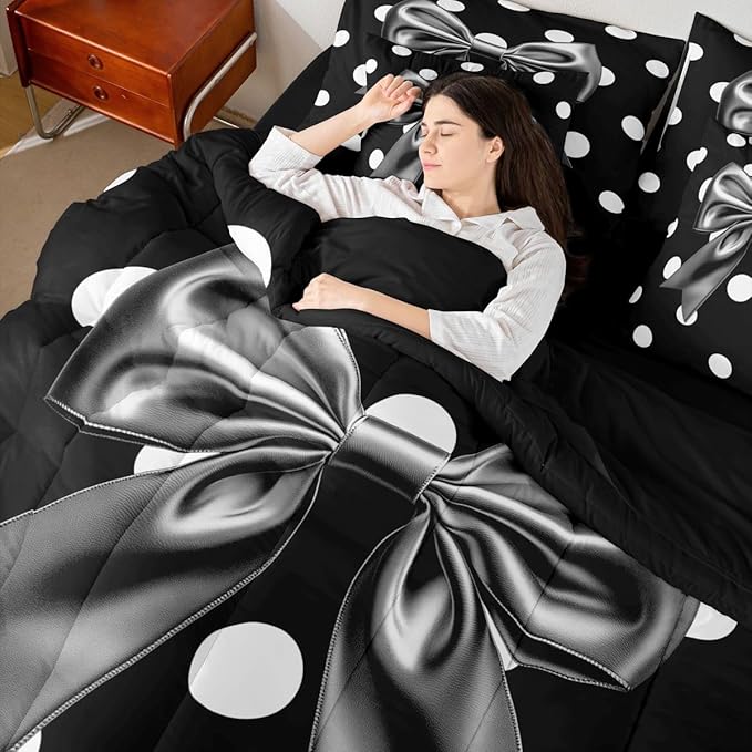 Feelyou Grey Bowknot 7 Piece Bedding Set Polka Point Comforter Set with Sheets for Kids Boys Girls Cute Bow Bed in a Bag Princess Theme Bed Set Soft Lightweight