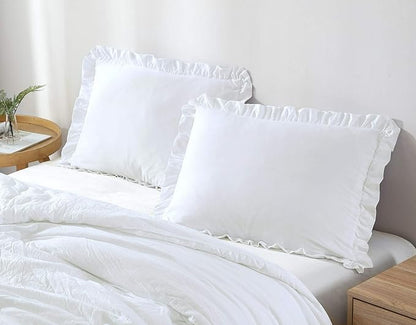 Chezmoi Collection Nora White Comforter Set Twin Size 2-Piece Lightweight Soft Stone-Washed Ruffled Shabby Chic Bedding for All Season